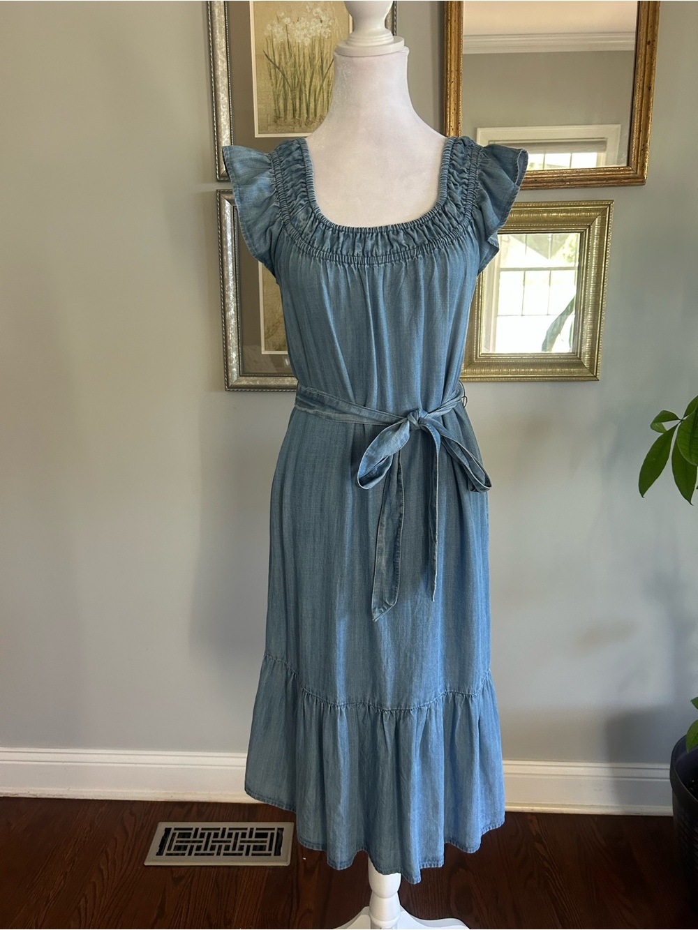 LOFT Light Blue Smocked Square-Neck Chambray Midi Dress